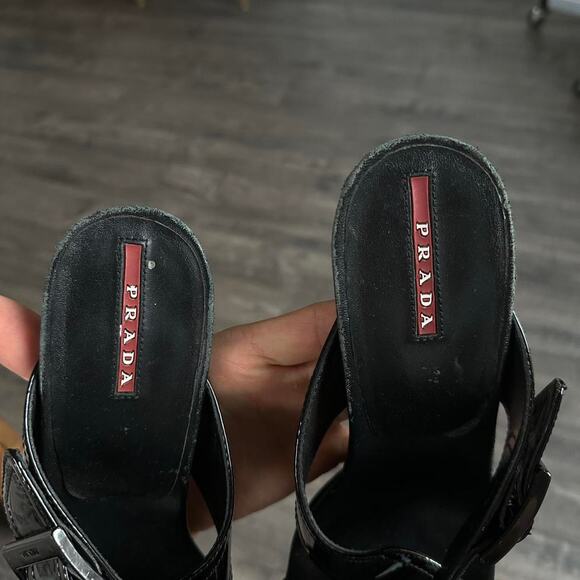 Rare Vintage Prada Sport Black Leather Wedge Chunky Buckle Pump Mule Heels - Picture 5 of 8